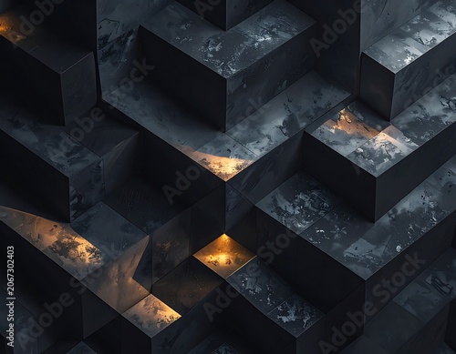 Dark geometric shapes with glowing interiors.