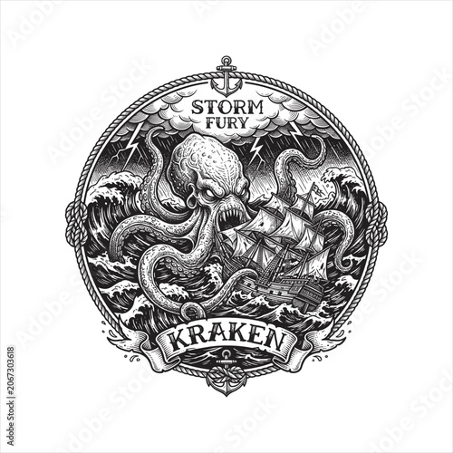 Foto Vintage kraken attacking a sailing ship in a violent storm with rope border and