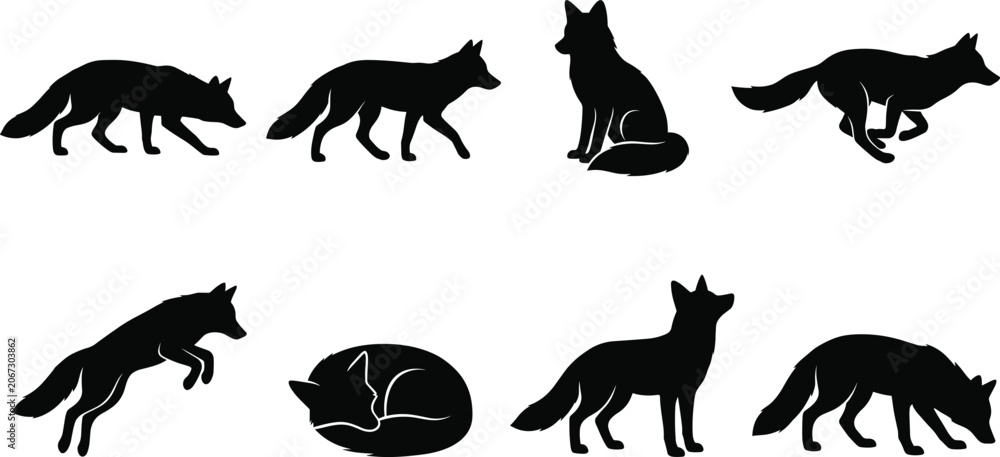 Fototapeta premium Fox Silhouette Collection with Running Jumping Sitting Sleeping and Hunting Wildlife Poses