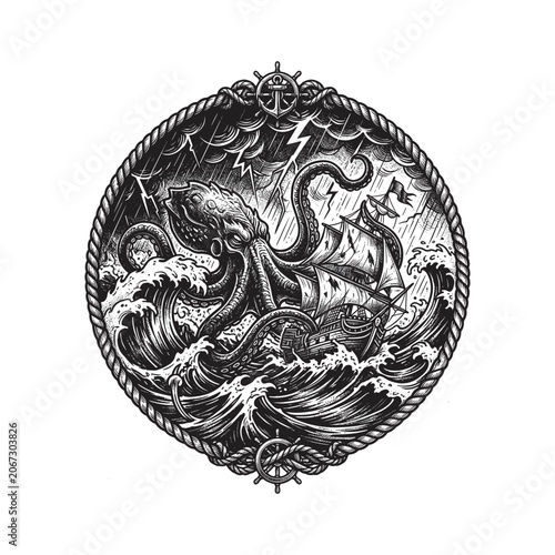 Canvastavla Vintage black and white kraken attacking a sailing ship in a violent storm