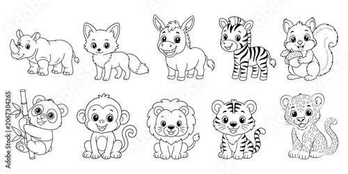 Line drawings of various animals on a white background, ready for coloring.