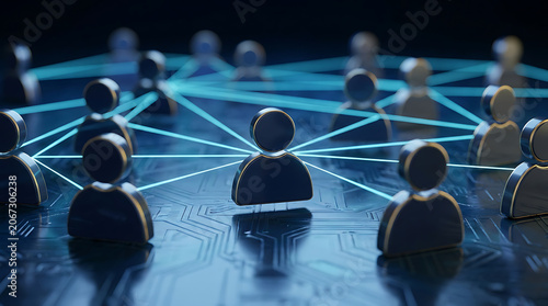 Abstract visualization of a digital network connecting stylized human figures, representing social connections and data flow.