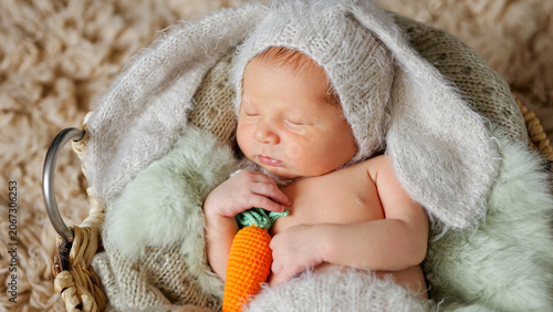 Newborn baby deep sleeping nestled in a basket, wearing a soft gray knitted bunny hat and cover, holding an orange crocheted carrot toy while looking peaceful and innocent