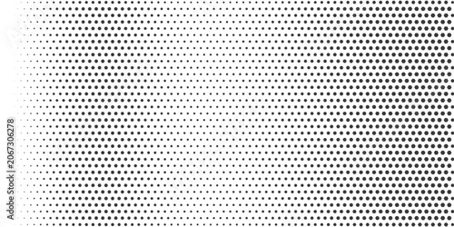 Hexagon halftone gradient texture. Abstract black grunge background. Geometric retro halftone tech overlay. Fading wavy hexagonal pattern backdrop. Vector wallpaper