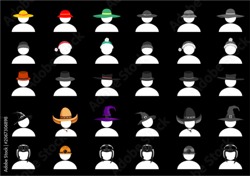 A grid of thirty white avatar icons on a black background, each wearing a different style and color of hat, including beanies, helmets, cowboy hats, and witch hats.