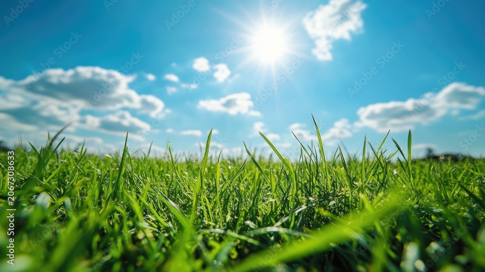 Obraz premium A patch of fresh green grass under a sunny sky, symbolizing the simplicity and purity of living a healthy life