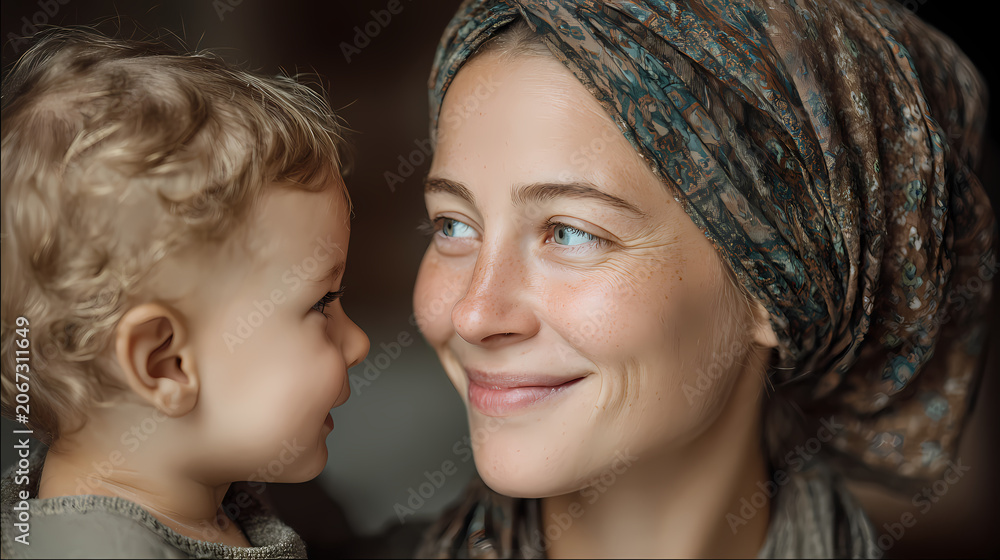 Obraz premium A joyful Muslim mother in a black hijab laughs and plays with her cheerful young son, cinematic vertical lifestyle photography.