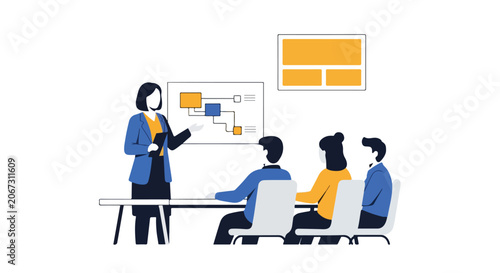 Foto A female professional stands before a whiteboard, explaining a complex flowchart to an attentive group of three seated colleagues in a meeting