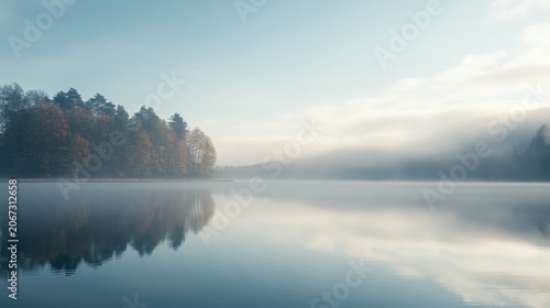 A misty morning on a calm lake, with the water reflecting the soft hues of the early light