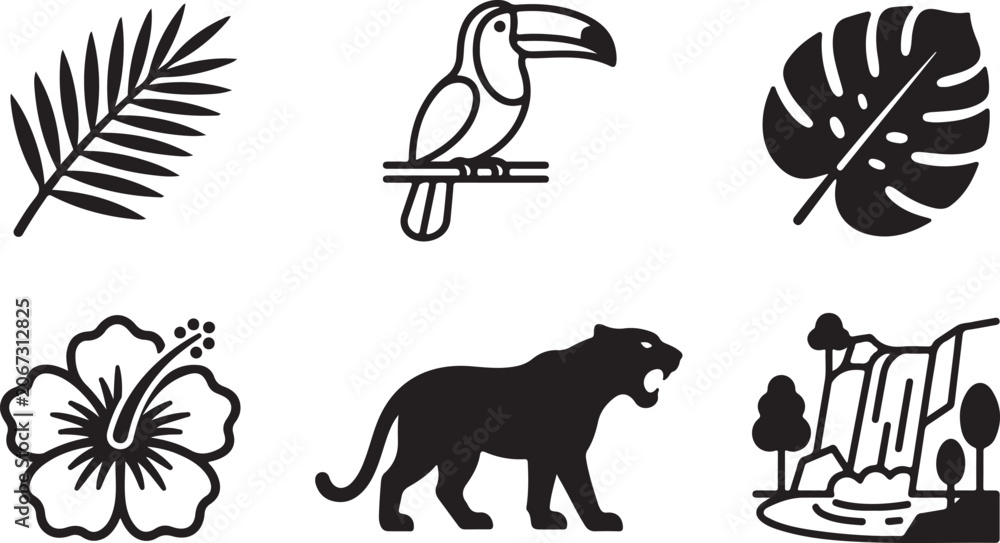 Fototapeta premium Black and white tropical nature icons set with leaf, toucan, hibiscus, panama leaf, jaguar, and hut Vector