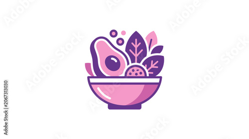 Avocado Salad Bowl Icon: Healthy Food, Organic Ingredients, Flat Design Style
