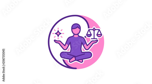 Balance and Harmony Concept: Person Meditating with Scales of Justice and Sparkle