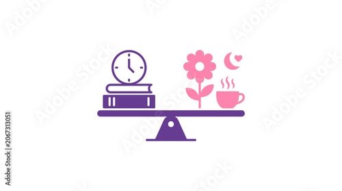 Balance between work and life: books and clock on one side, flower and coffee on the other