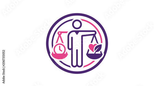 Balance concept: person weighing time against heart and nature symbols