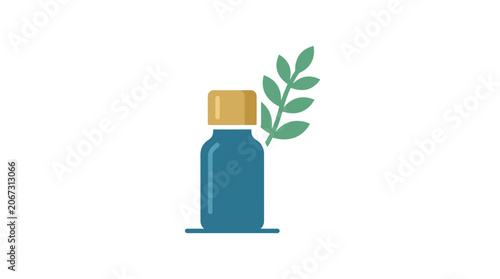 Blue essential oil bottle with green plant sprig, minimalist flat design