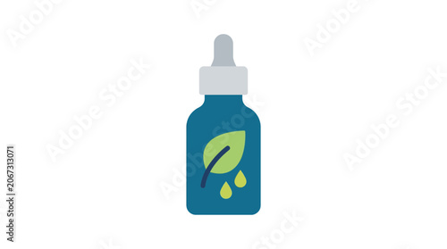 Blue bottle with leaf and drops icon, essential oil, natural remedy, alternative medicine concept