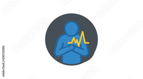Blue person icon with heartbeat line in chest, health check symbol