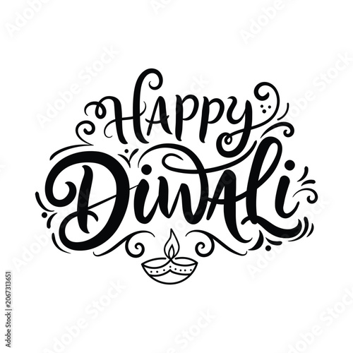 happy diwali hand lettering greeting calligraphy text with diya lamp