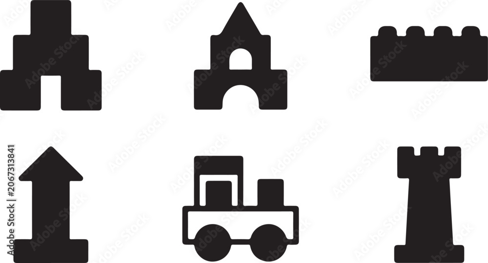 Fototapeta premium Six black lego-style building and transport icons set Vector
