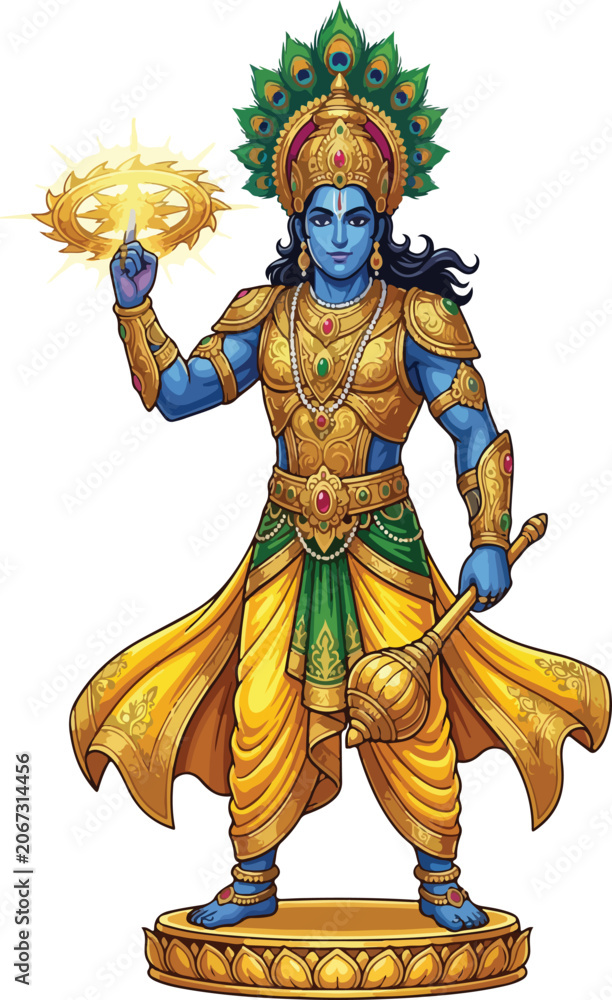 Fototapeta premium Lord Vishnu Krishna with Sudarshan Chakra and Gada Vector Illustration