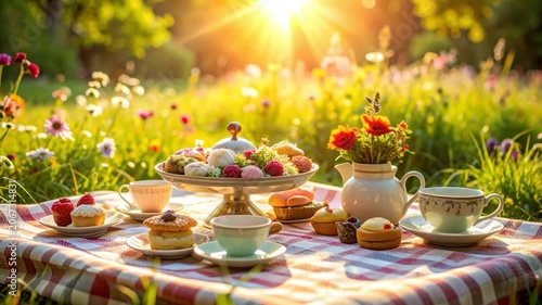 A sunny outdoor picnic scene with tea, pastries, and flowers