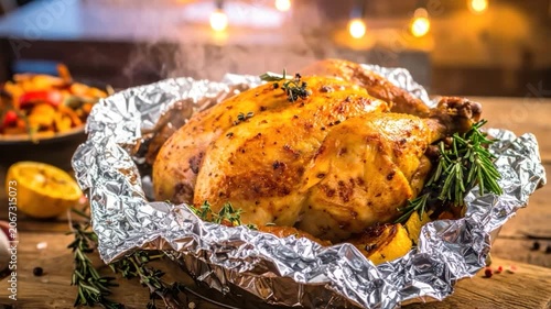 Steaming roasted whole chicken surrounded by herbs, foil, and garnishes