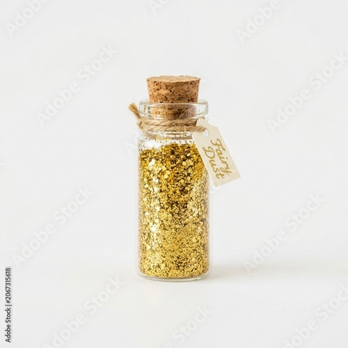 Glass vial with gold dust and shimmering particles