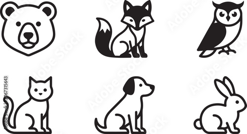 Fotografie Six cute black and white animal icons in a row Vector