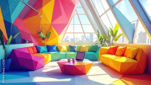 Colorful geometric lounge with angular furniture, plants, city view