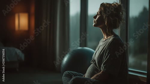A calm expectant mother practices breathing techniques in a bright hospital room, authentic pregnancy care photography.