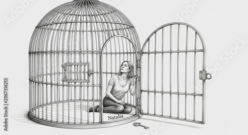Woman in cage with key and padlock outside