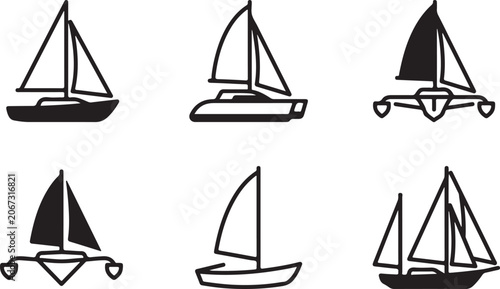 Принти на полотні Six different sailboat types with single masts in black and white Vector