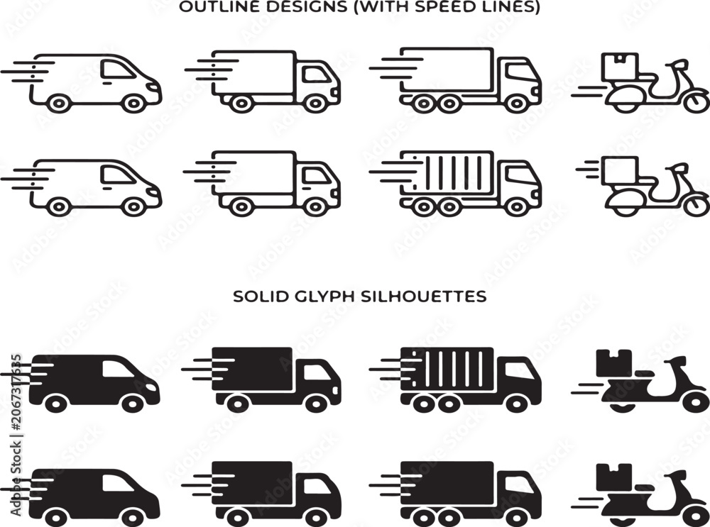 Naklejka premium Express Delivery Vehicle Icon Set with Shipping Van Truck and Scooter Vector Illustration