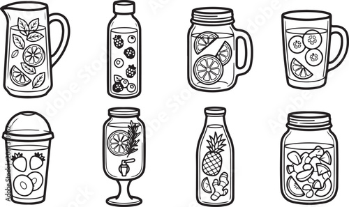 Cuadro en lienzo Assorted hand-drawn infuser water bottles and jars with fruit Vector