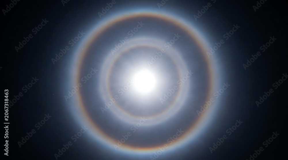 Naklejka premium Bright natural solar halo showing a circular rainbow ring of light phenomenon surrounding the sun captured in the dark sky during the day on transparent background