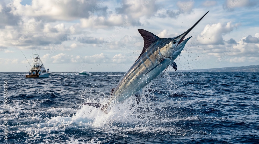 Fototapeta premium Blue marlin fish leaping from the ocean with splash,Concept of sport fishing, wildlife, adventure, and power. Represents freedom and strength in nature made by AI generative