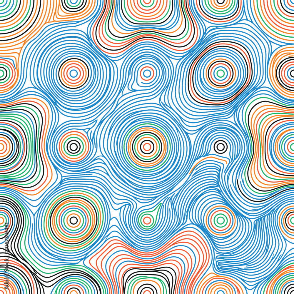 Fototapeta premium Abstract circular topographic map style pattern with concentric colorful lines in red green blue orange and black forming a mesmerizing hypnotic optical illusion background image.