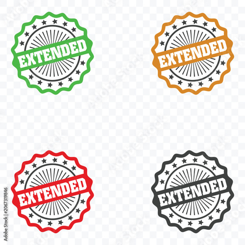 Set of four colorful extended rubber stamps in flat vector style with stars and sunburst design elements 