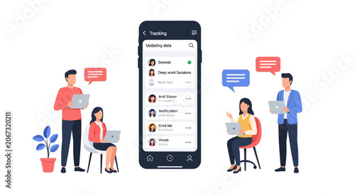 Professional Team Collaborating Using Mobile Messaging App Illustration.