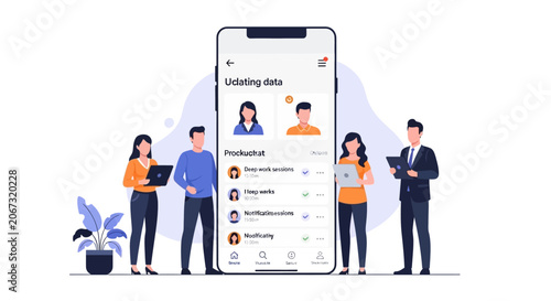 Professional Team Collaborating with Mobile Application Interface Illustration.