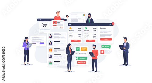 Professional team managing business data and online e-commerce dashboard interface.