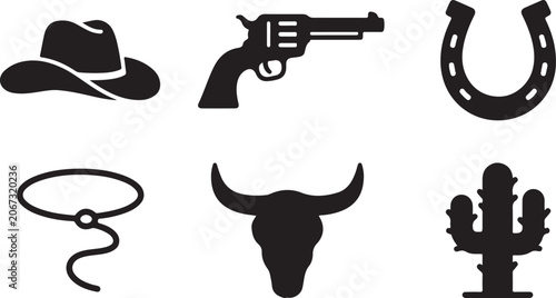 Set of six classic western style icons including hat, gun, lasso, and cactus Vector