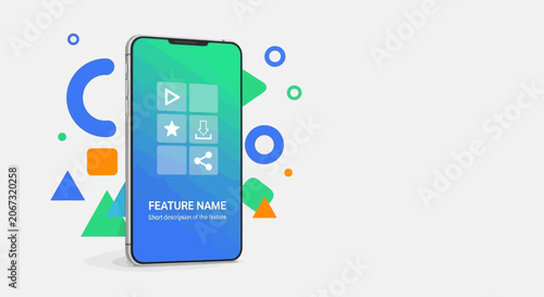 Modern smartphone device displaying a digital application interface with colorful abstract geometric shapes.