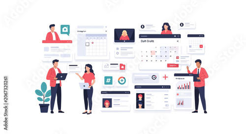 Professional Team Managing Business Digital Tasks and Software Dashboards.