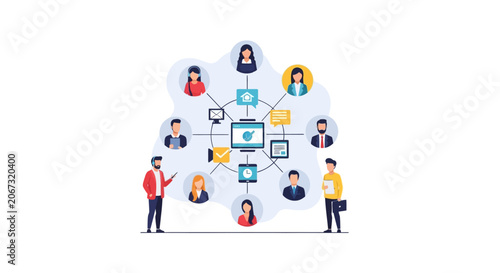 Network of people connected to a central digital hub for communication and data exchange.
