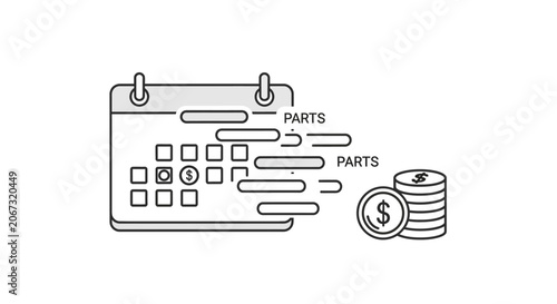 Outline icon showing a calendar with part scheduling and coin stack money.