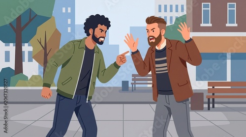 Vector illustration of two people arguing with pointing gesture outdoors made by AI generative