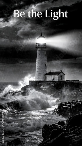 Lighthouse Beacon Shining Through Storm on Rocky Coast, Be the Light Concept for Hope, Guidance and Resilience
