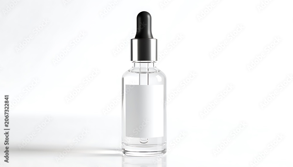 Naklejka premium A clear glass dropper bottle with a black cap contains liquid on a white surface and background