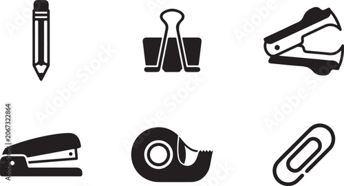 Photos Set of black office supply icons including a pencil binder clip staple remover s